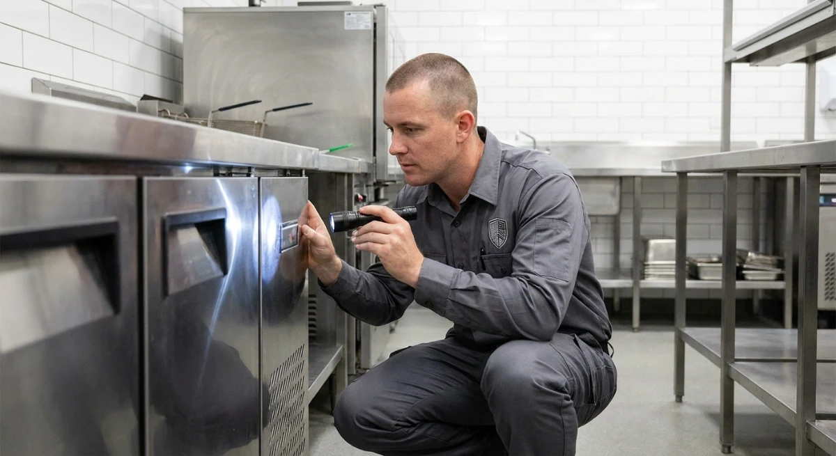 Commercial Pest Control technician inspecting a kitchen