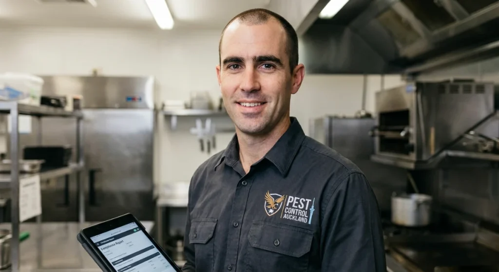 Commercial pest control technician inspecting a kitchen in Auckland