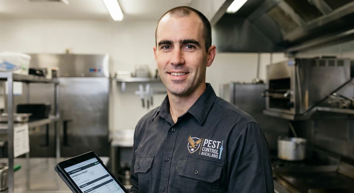 Quote for Commercial Pest Control Commercial pest control technician inspecting a kitchen in Auckland