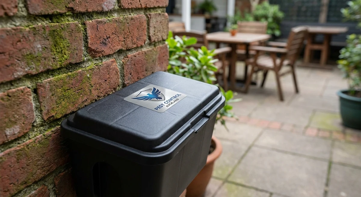 Commercial rodent control station outside an Auckland business