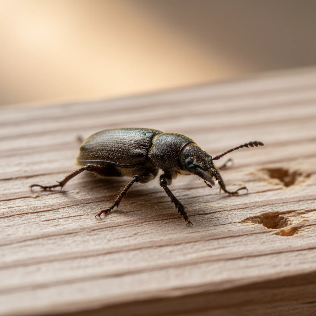 Common House Borer beetle on wood