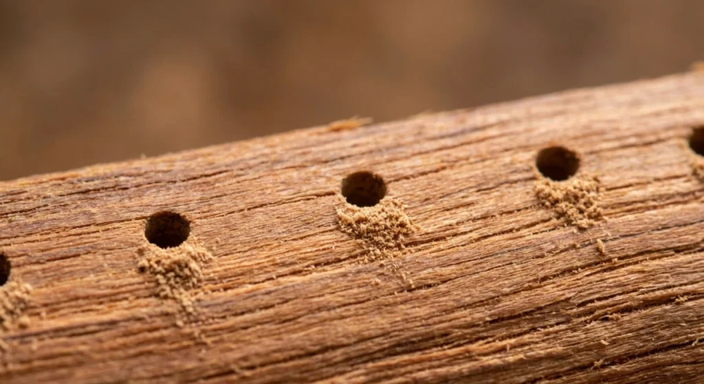 Common House Borer ID flight holes and frass in timber