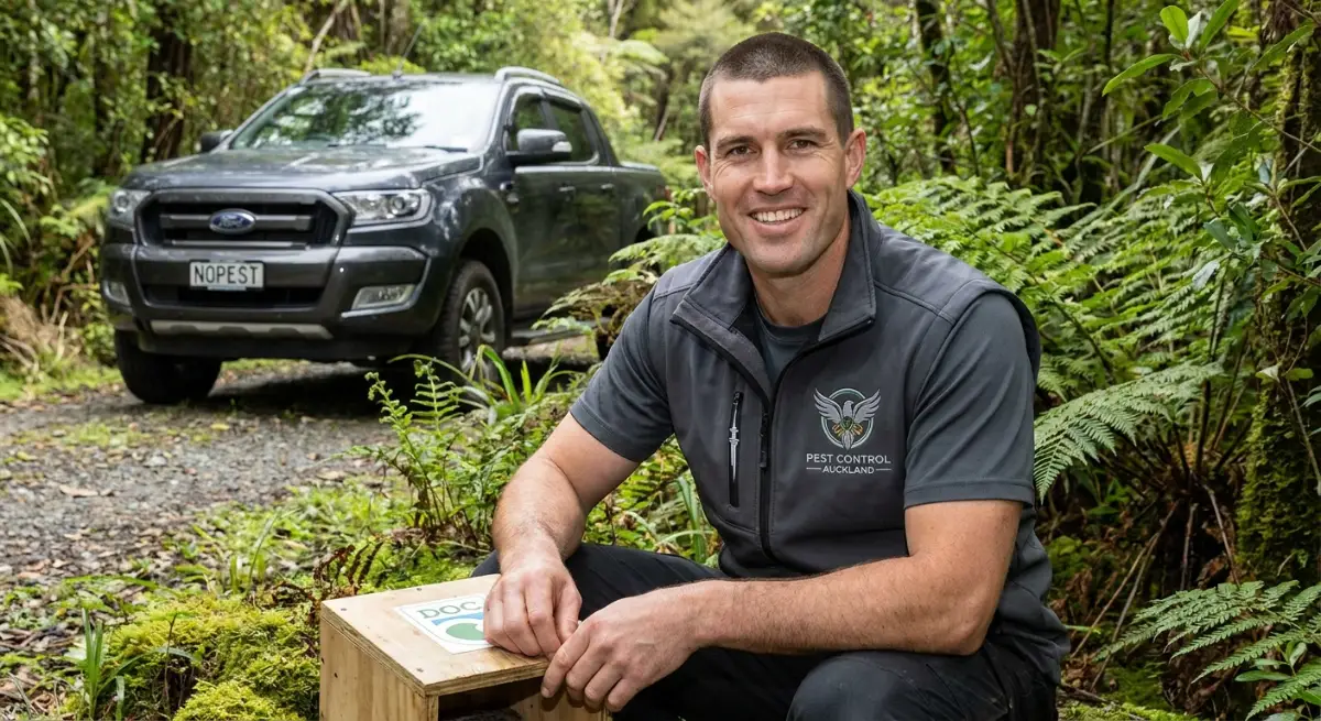 Community Initiatives for Pest Eradication in Auckland Community volunteer checking pest trap in Auckland native bush