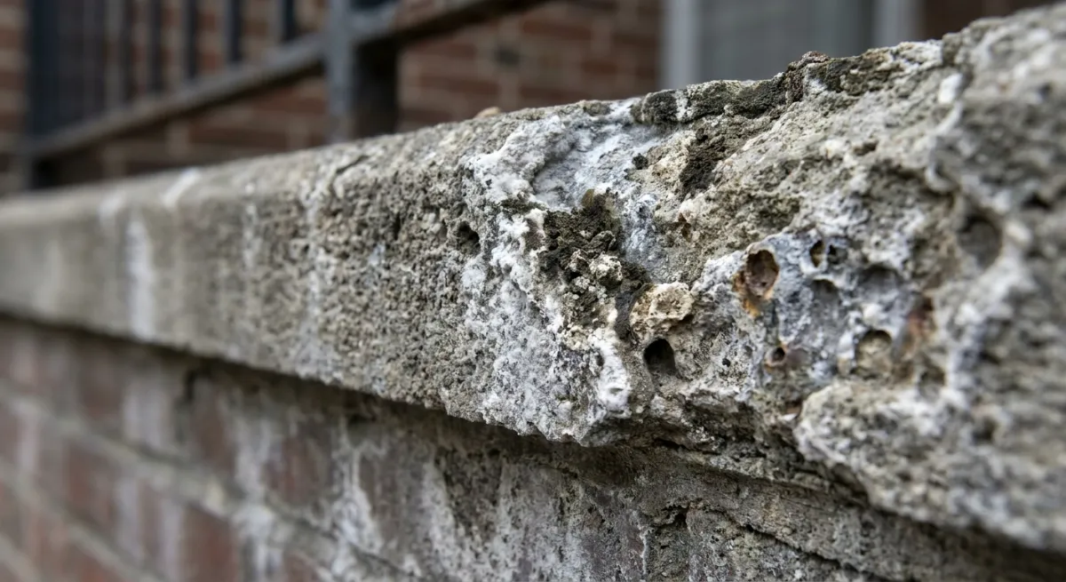 Corrosive pigeon guano damaging commercial building ledge