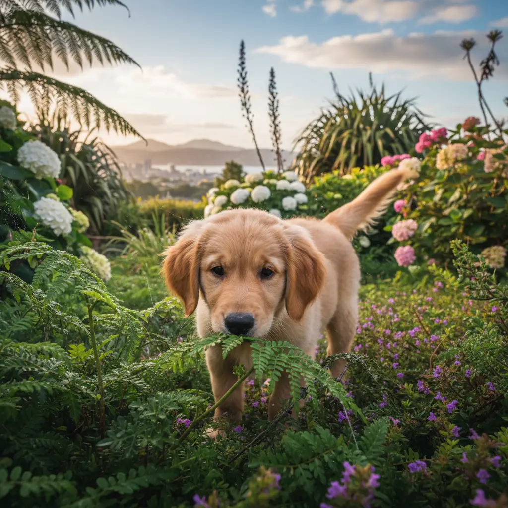 Curious dog exploring an Auckland garden