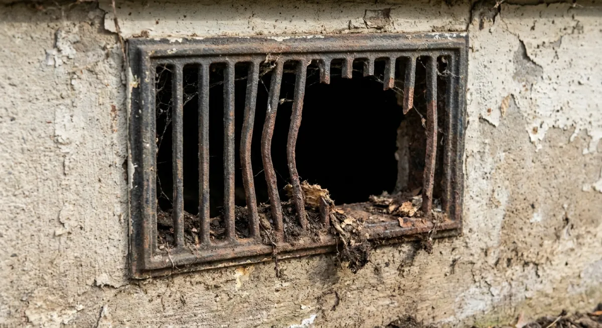 Damaged subfloor vent allowing rat entry