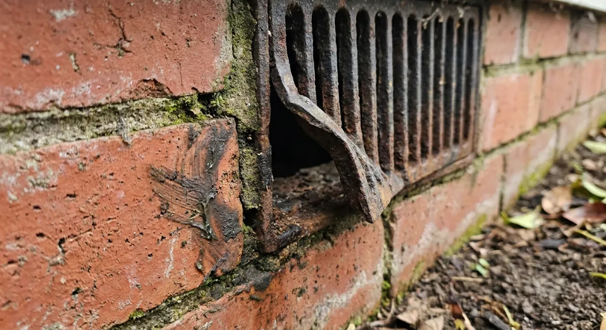 Damaged subfloor vent showing rodent entry point into a home