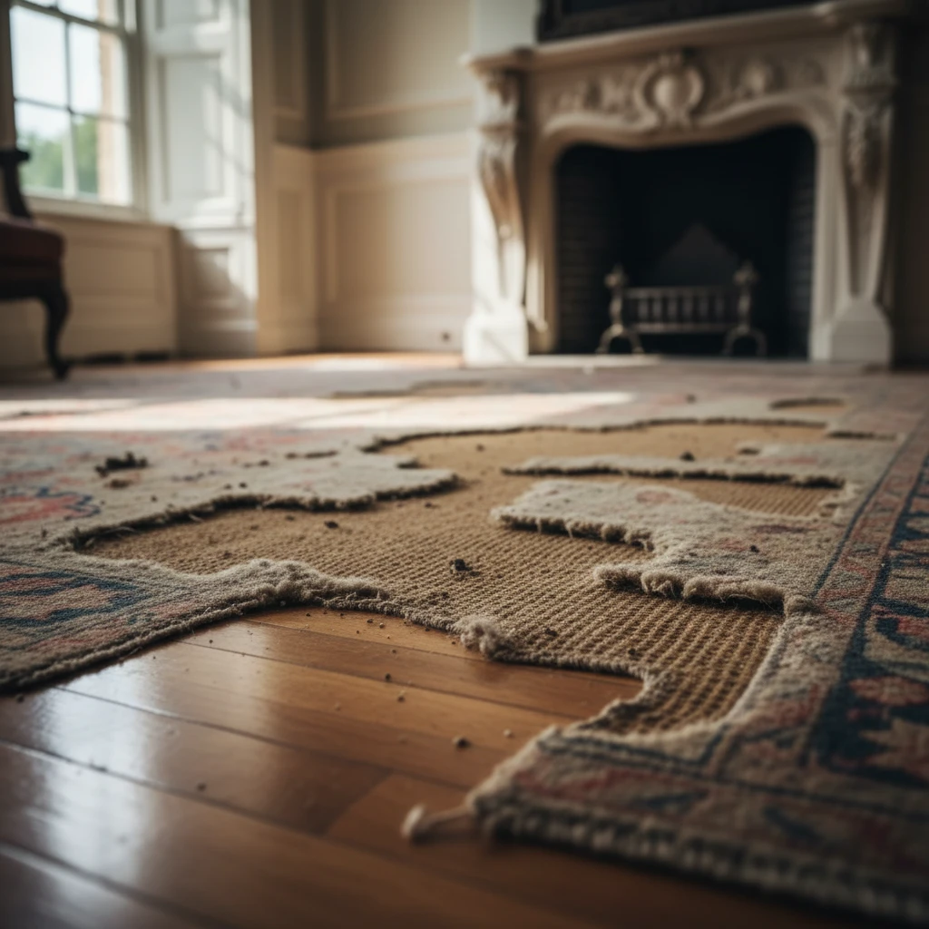 Damaged wool carpet from carpet beetles