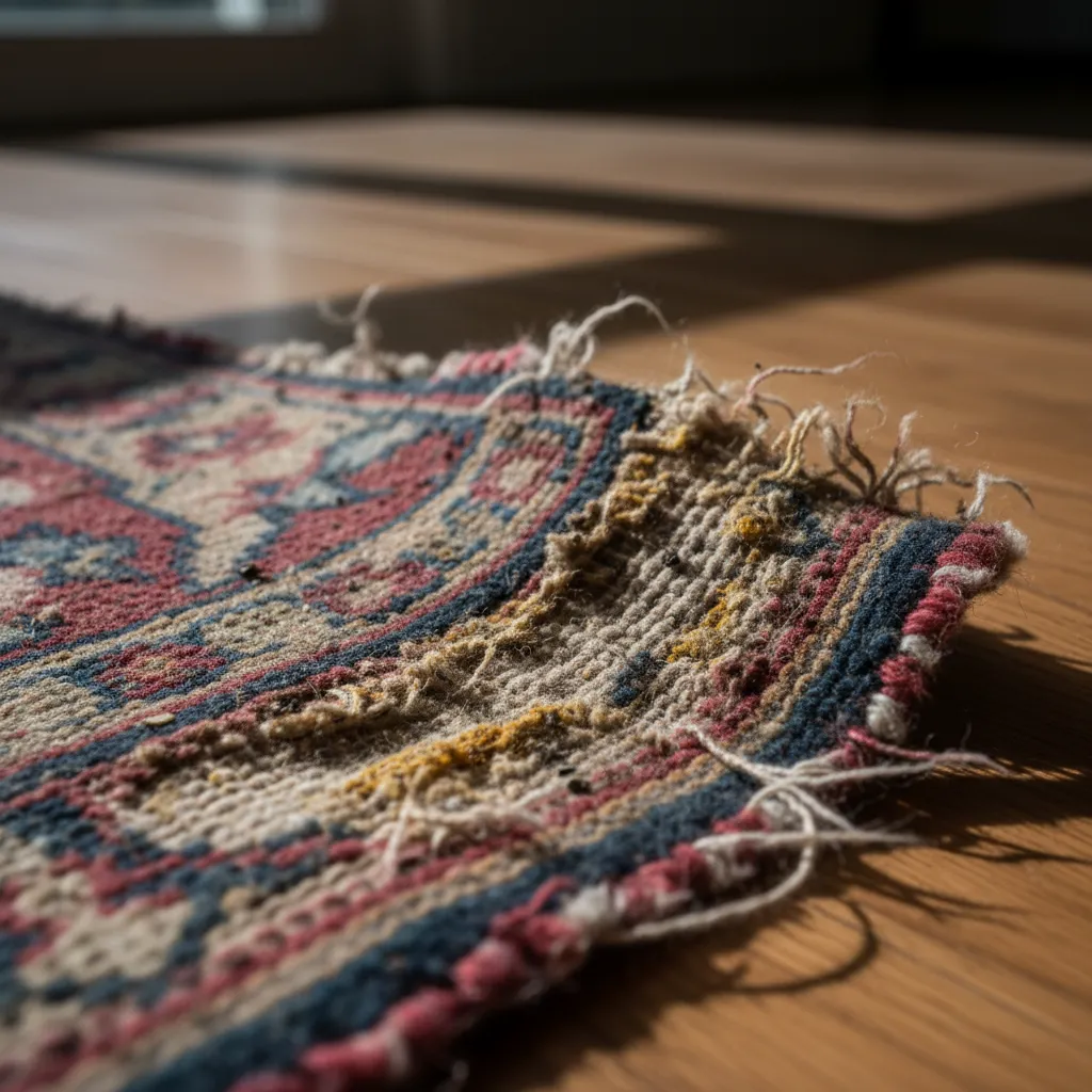 Damaged wool carpet showing signs of carpet beetle infestation