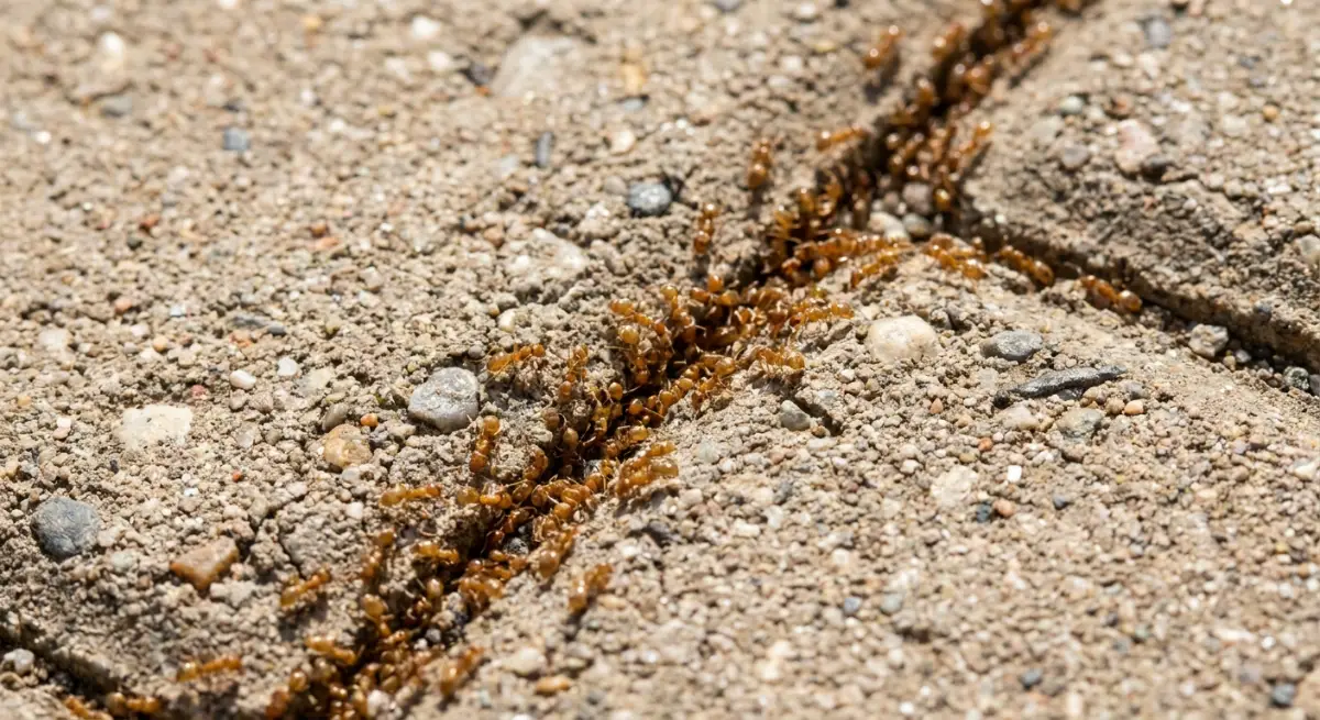 Dense foraging trail of Argentine ants on a concrete surface