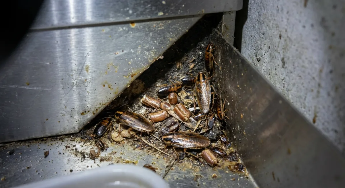 Detailed view of a German cockroach nest hidden in a kitchen cavity