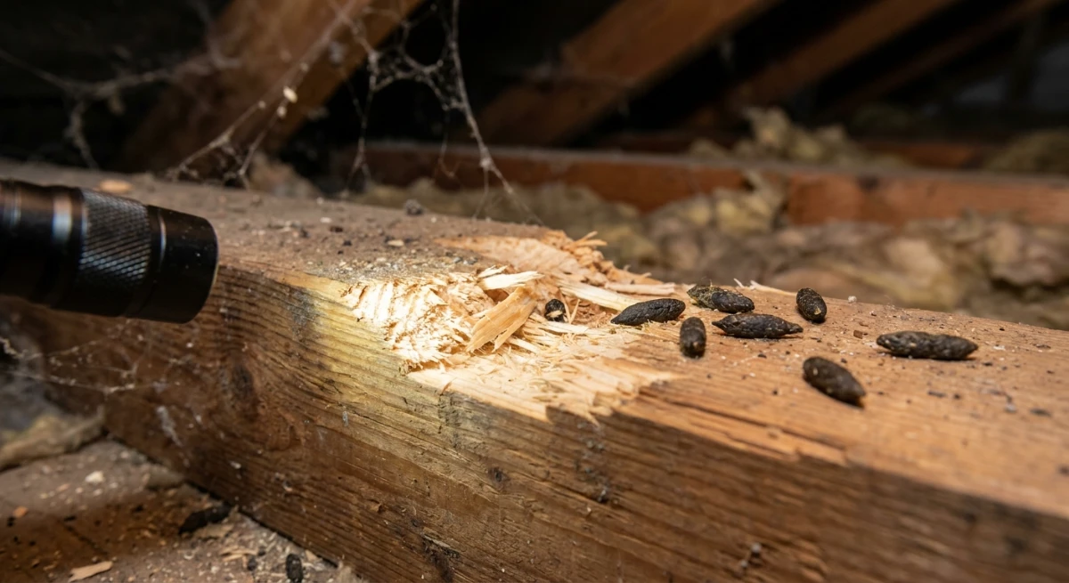 Detailed view of roof rat damage and droppings on structural timber