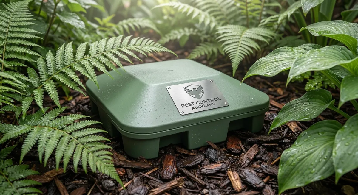 Discreet eco-friendly bait station in an Auckland garden