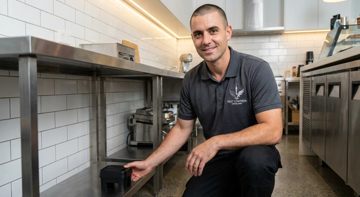 Discreet pest monitoring station in an Auckland cafe kitchen