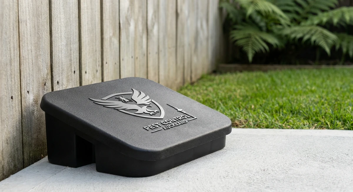 Eco-friendly pest control bait station in an Auckland garden