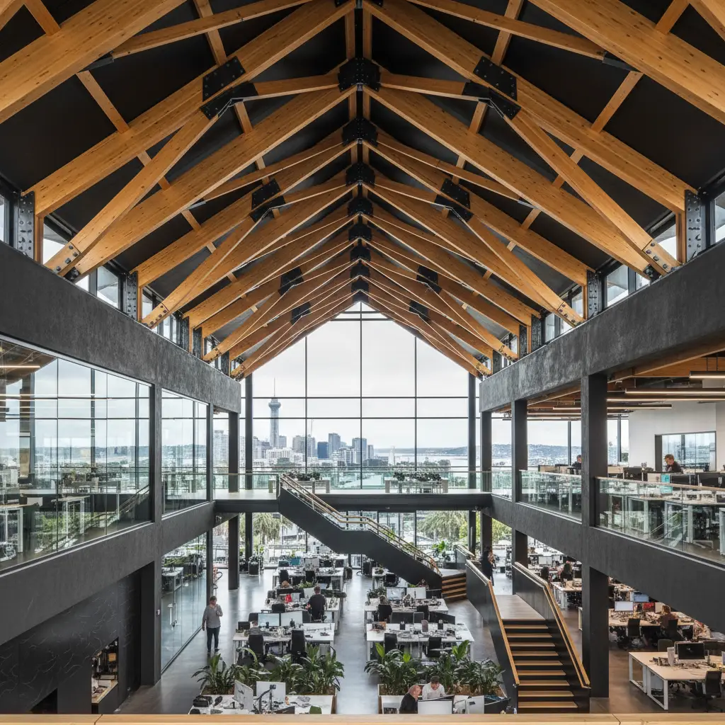 Exposed wooden structural beams in an Auckland commercial property