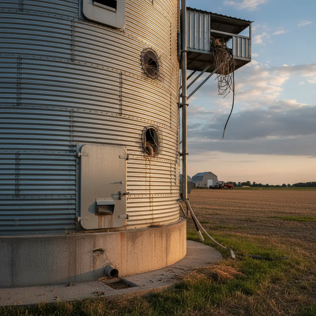 Farm grain silo vulnerable to rodent infestations