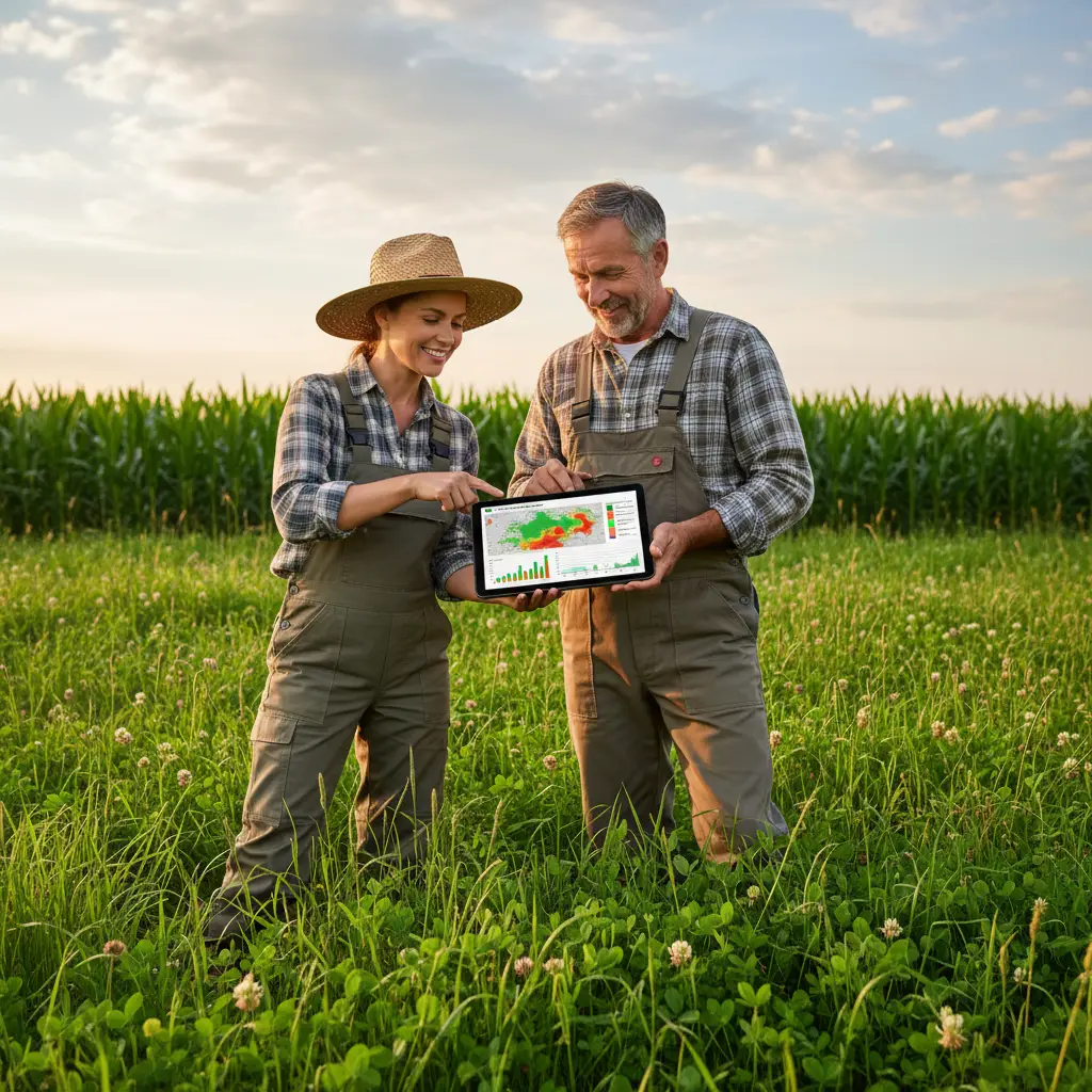 Farmer and agronomist reviewing pest control data