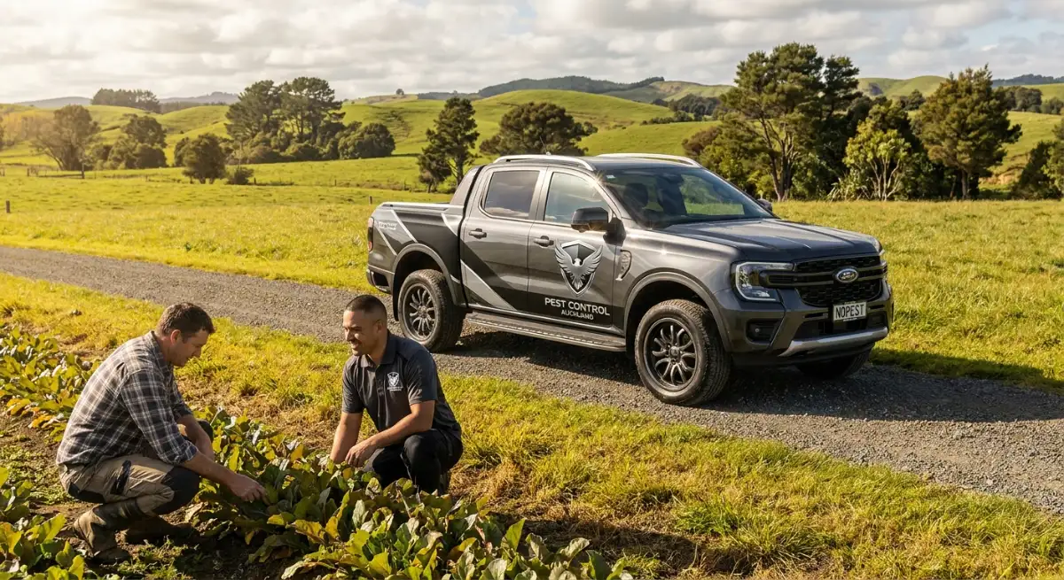Farmer and pest control technician discussing IPM strategies in a New Zealand field