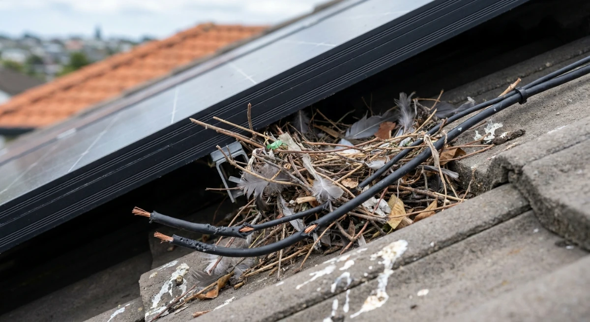 Feral pigeon nest built underneath a residential solar panel showing chewed wires