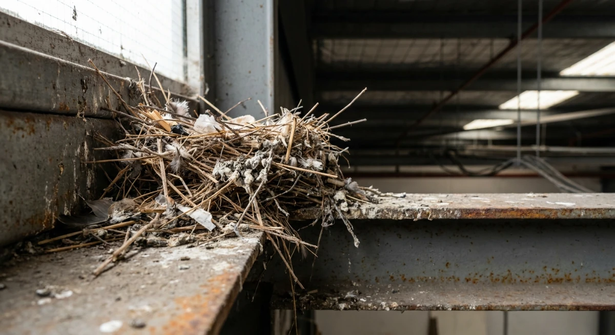 Feral pigeon nest on commercial building beam