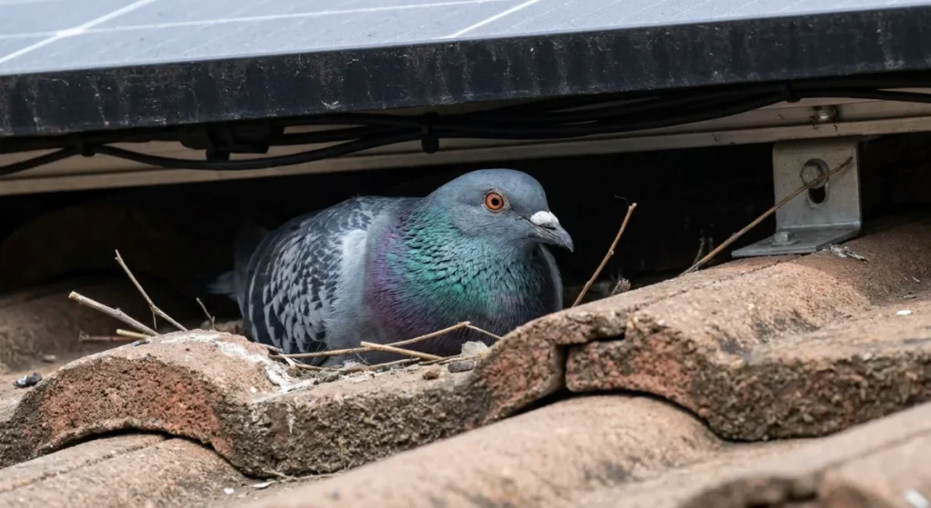 Feral pigeon nesting under solar panels causing roof damage