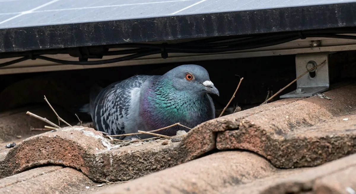Feral pigeon nesting under solar panels causing roof damage