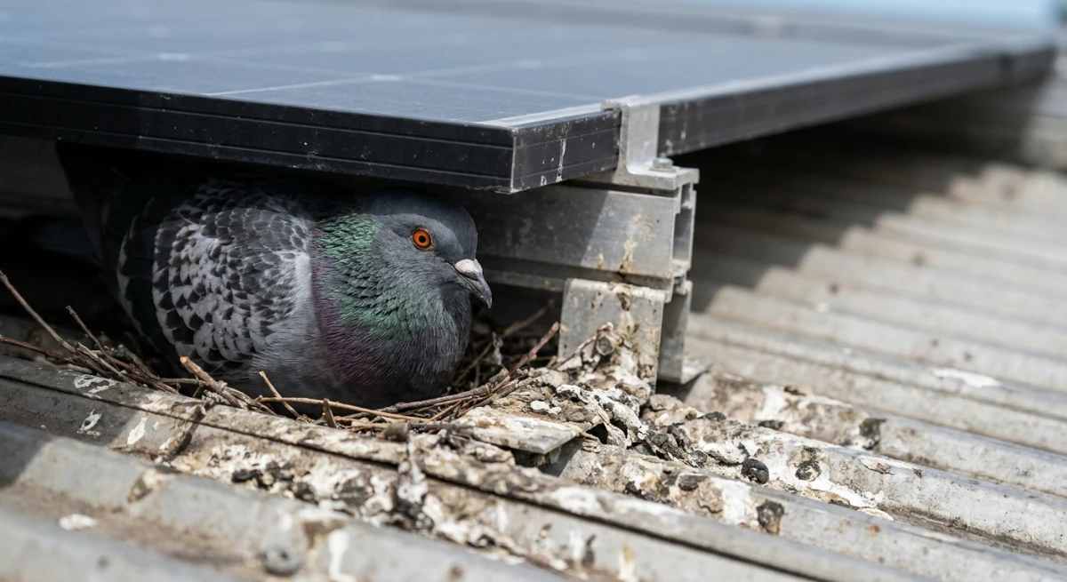 Feral pigeon nesting under solar panels with heavy guano buildup