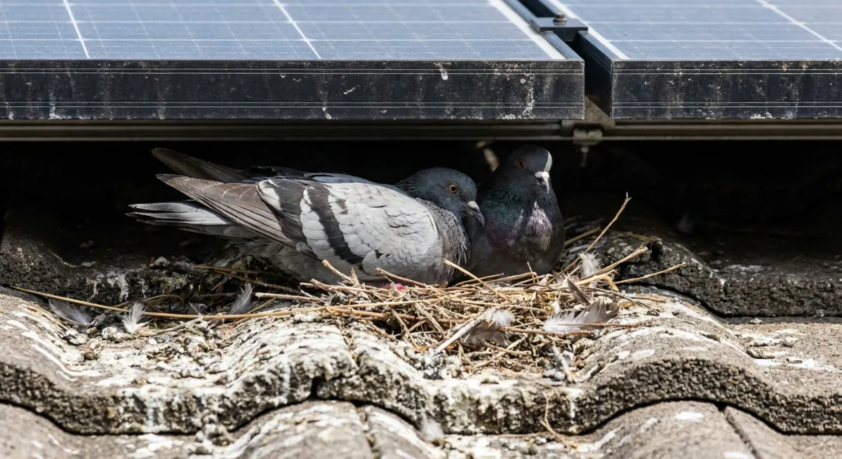 Feral pigeons nesting under Auckland solar panels