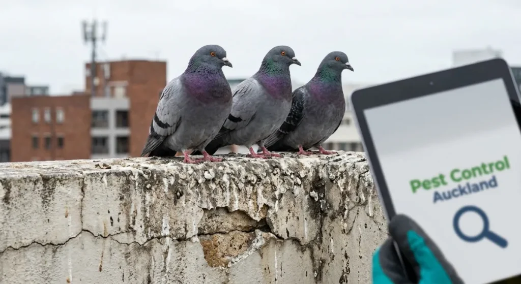 Feral pigeons roosting on an Auckland commercial building causing acidic guano damage