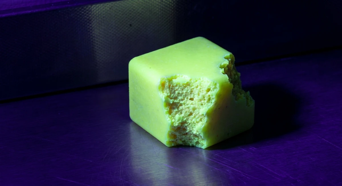 Fluorescent non-toxic rodent monitoring block glowing under UV light