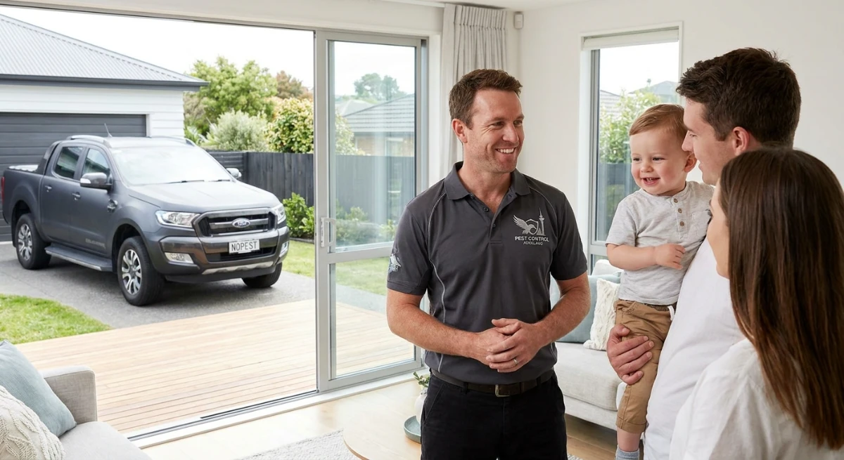 Friendly pest control technician talking to an Auckland family