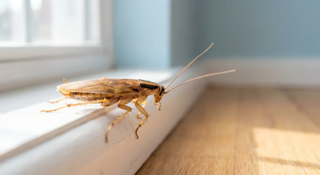 German cockroach crawling on a nursery baseboard