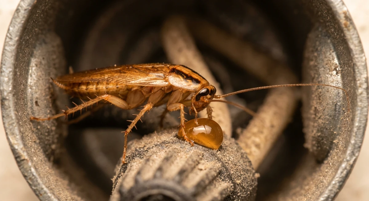 German cockroach feeding on gel bait in a commercial kitchen electrical housing