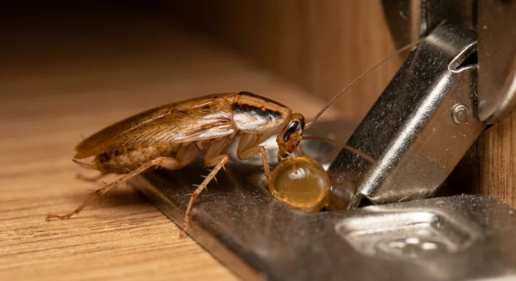 German cockroach feeding on targeted gel bait inside a kitchen cabinet hinge