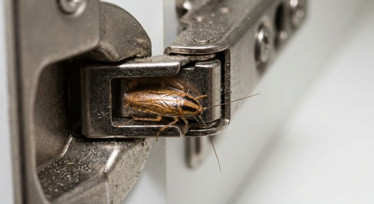 German cockroach hiding in a kitchen cabinet hinge in Auckland