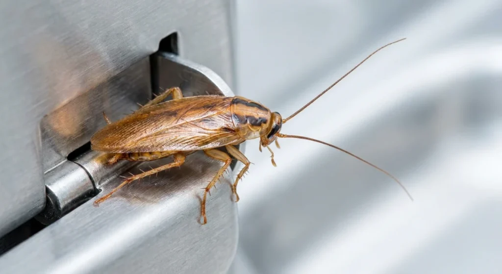 German cockroach hiding in commercial stainless steel hinge