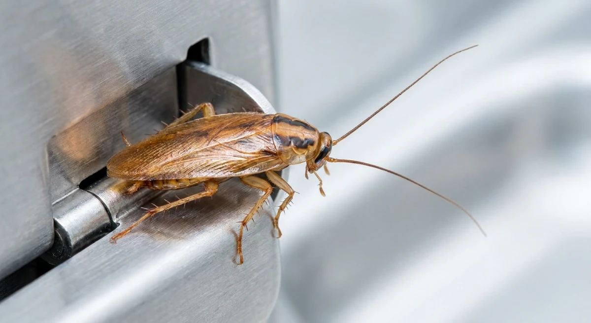 German cockroach hiding in commercial stainless steel hinge