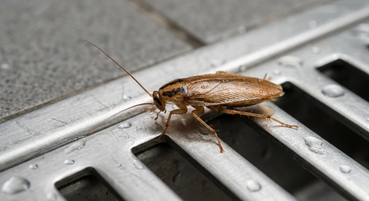 German cockroach near an Auckland commercial kitchen drain highlighting the need for restaurant pest control