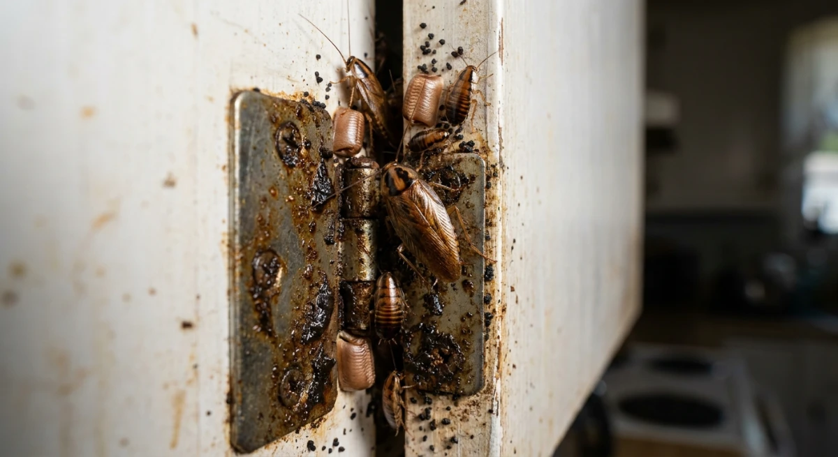 German cockroach nest behind a greasy kitchen cabinet in a rental home