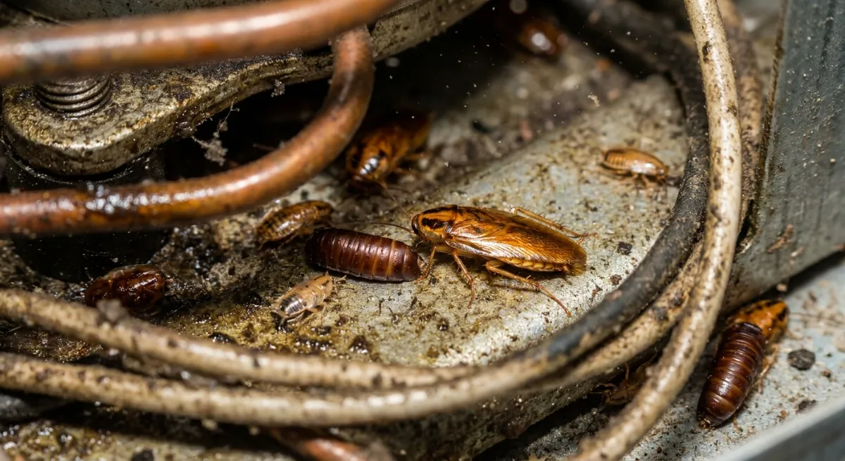 German cockroach nest behind commercial fridge motor
