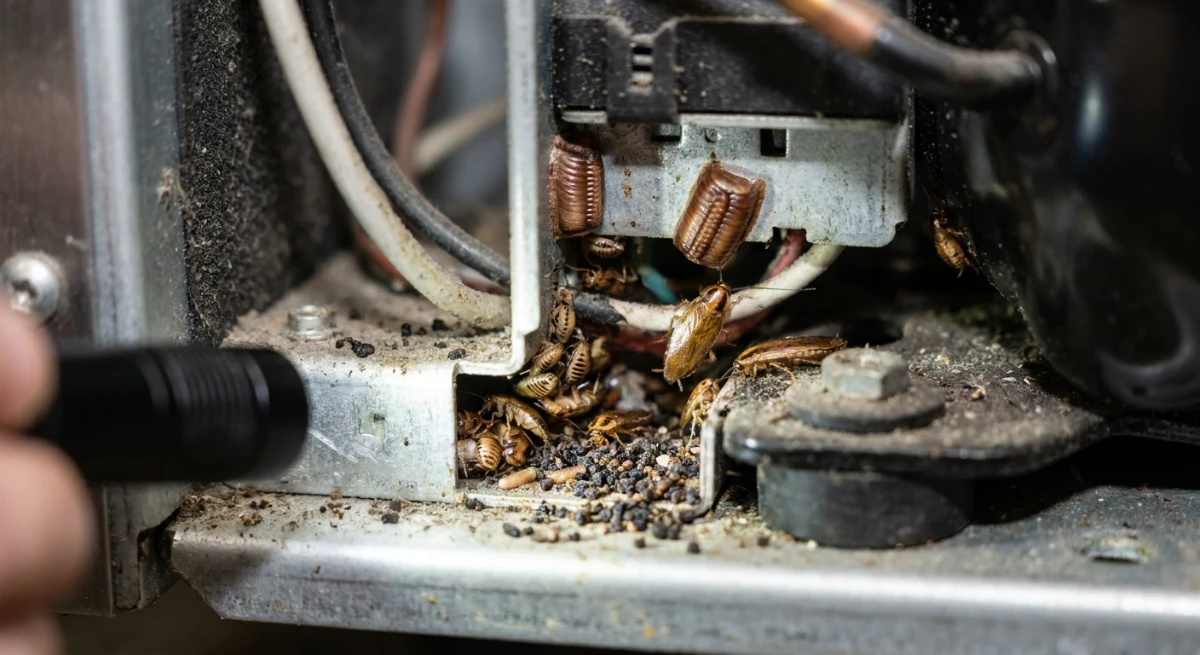 German cockroach nest behind commercial kitchen equipment