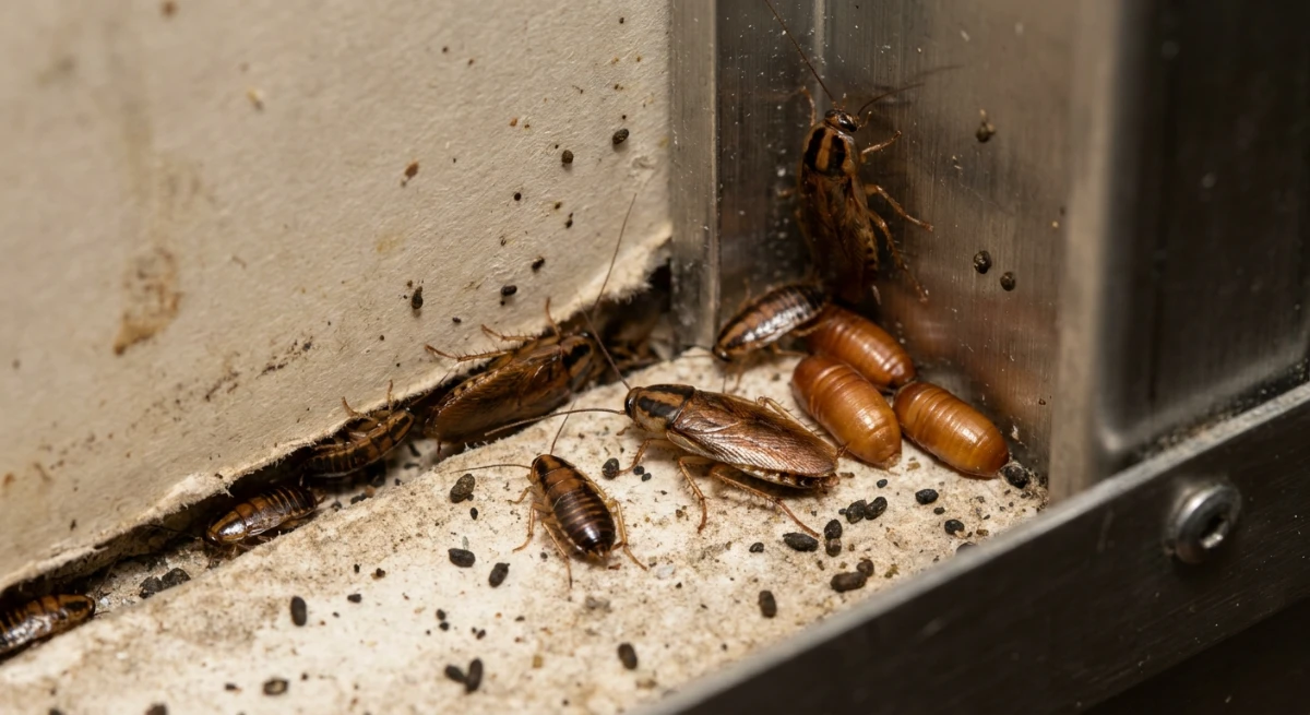 German cockroach nest hidden behind commercial kitchen equipment