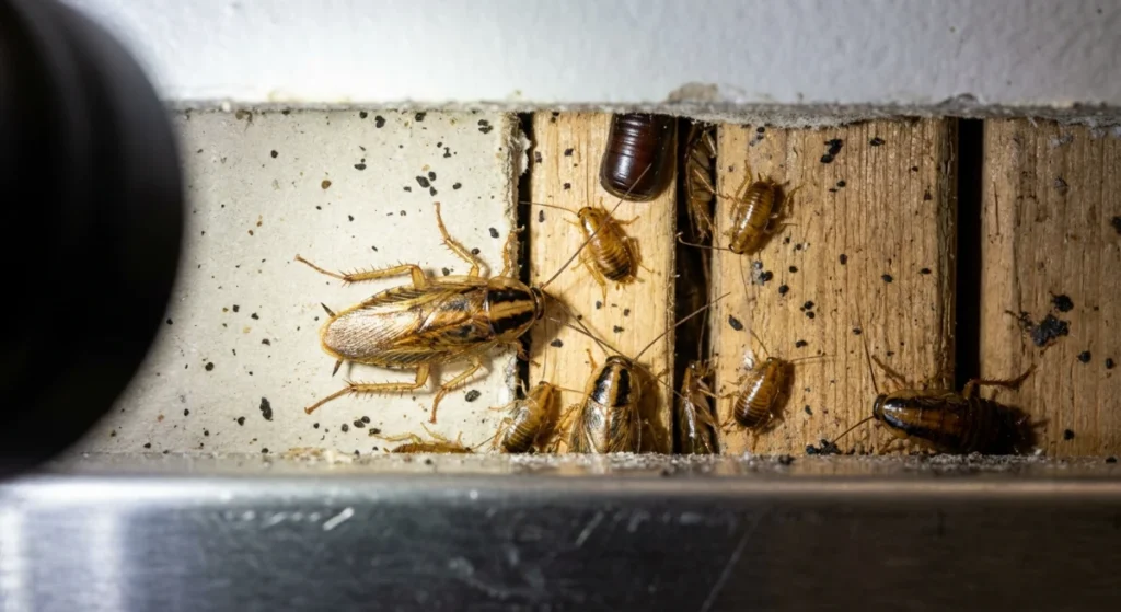 German cockroach nest hidden in a commercial restaurant wall void