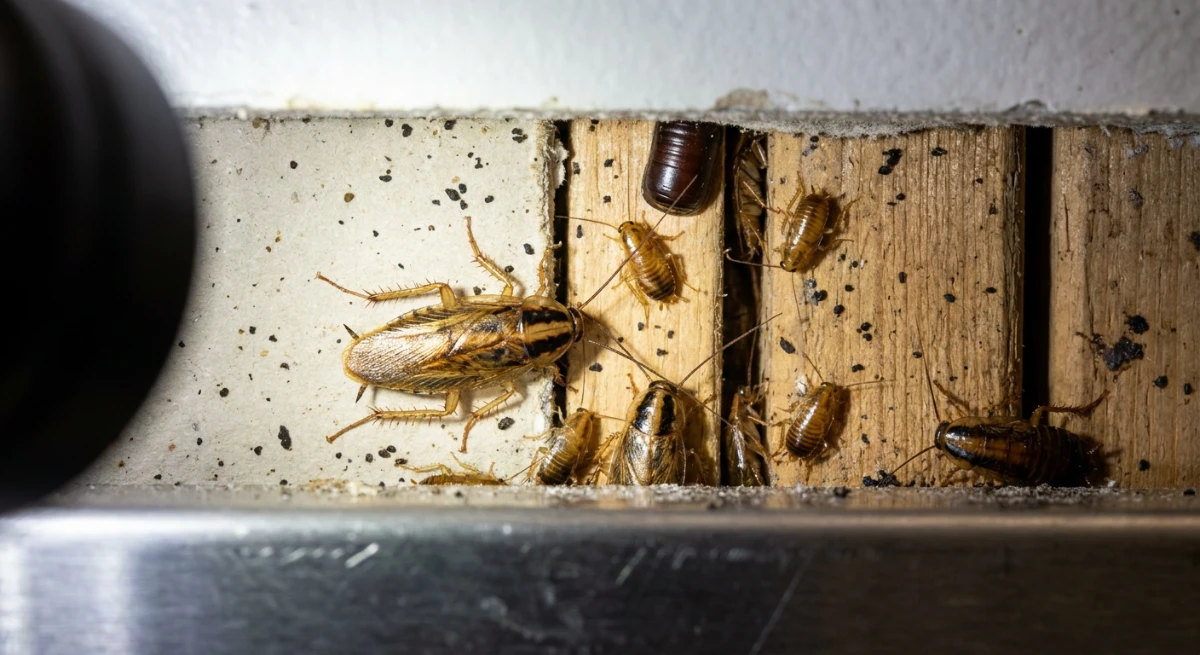 German cockroach nest hidden in a commercial restaurant wall void