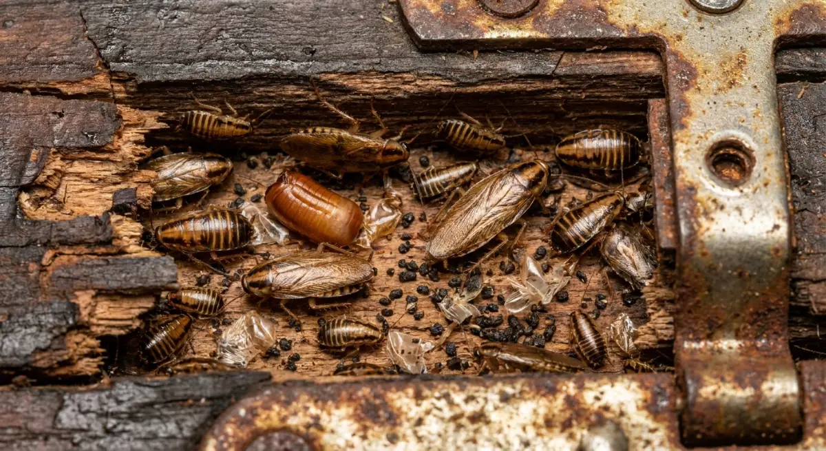 German cockroach nest hidden in a kitchen cabinet hinge on the North Shore