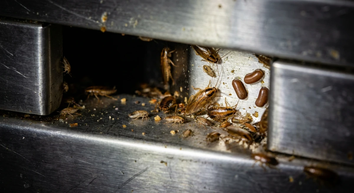 German cockroach nest hidden in commercial kitchen crevices highlighting the need for discreet parasite protocols