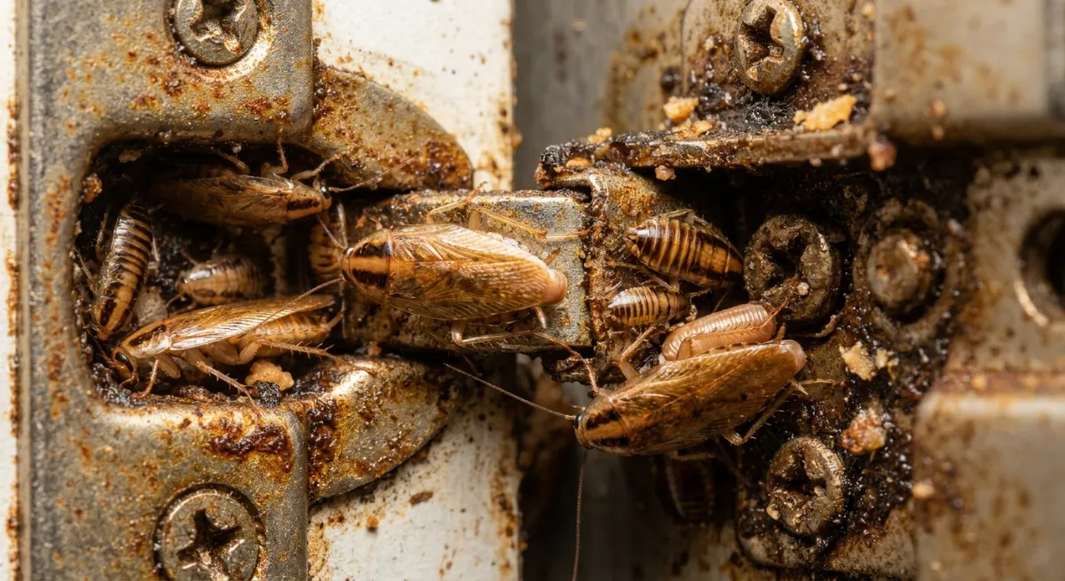 German cockroach nest in a commercial kitchen hinge