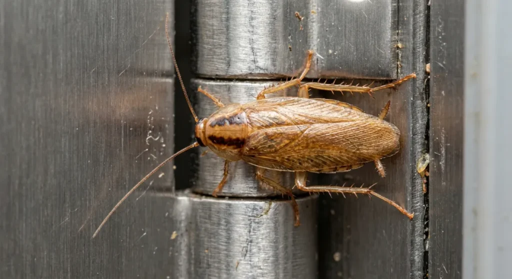 German cockroach nest in commercial kitchen fridge hinge