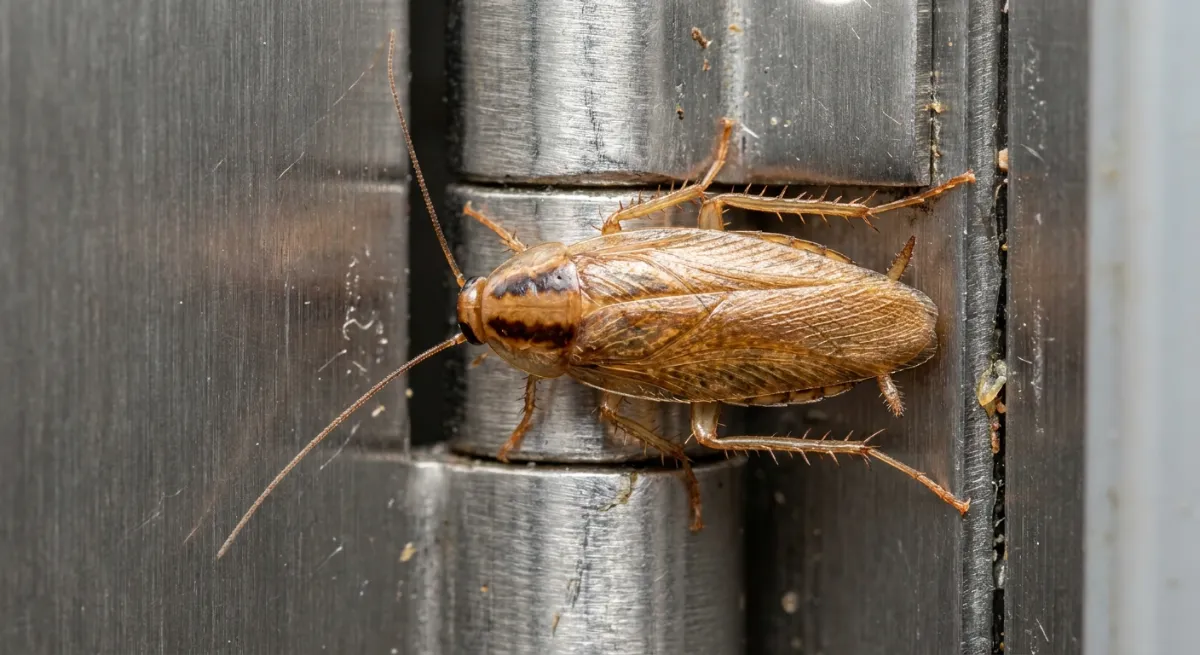 German cockroach nest in commercial kitchen fridge hinge